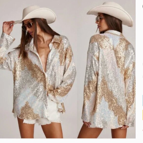 12th Tribe Genevieve Sequin Blazer Jacket / Oversized Shirt Gold Silver Small - Picture 1 of 12